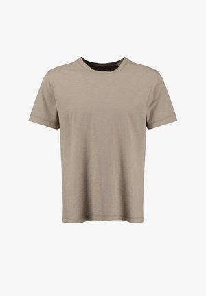 Beżowa koszulka z krótkim rękawem o okrągłym dekolcie. Miękka faktura i prosty krój. Posiada proste przeszycia wokół rękawów i dołu.