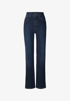 Mørkeblå denimjeans med høj talje og et lige ben, der har forlommer og en guldfarvet knap. Glat tekstur og minimal syning.