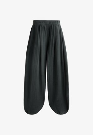 Dark gray, wide-leg trousers with a high waistband, featuring soft, textured fabric and pleated details for a relaxed fit.