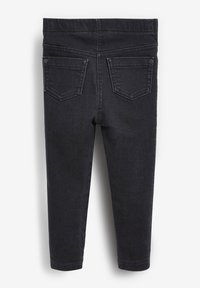 Mustat denim-farkut kapealla lahkeella, joissa on saumatonta vyötäröä, kaksi takataskua ja ommeltu yksityiskohtia. Sileä rakenne ja vartalonmyötäinen muotoilu.
