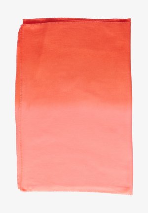 Sciarpa con gradiente corallo, realizzata in tessuto morbido con una superficie liscia; i bordi sono frangiati per un tocco di stile in più.