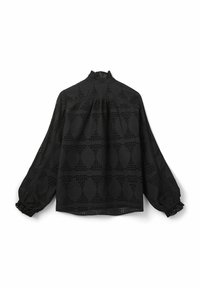Black blouse with high collar, long puff sleeves, and intricate cut-out patterns. Soft textured fabric with elasticized cuffs. Elegant design.