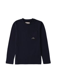 T-shirt a maniche lunghe di colore blu navy, realizzato in cotone, con una tasca frontale e un'etichetta a forma triangolare. Tessuto liscio e scollatura a girocollo classica.