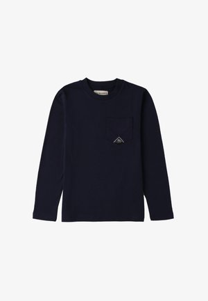 Marineblaues Langarm-T-Shirt aus Baumwolle, mit einer Vorderseite angenähter Tasche und einem dreieckigen Logotag. Glatte Textur und klassischer Rundhalsausschnitt.
