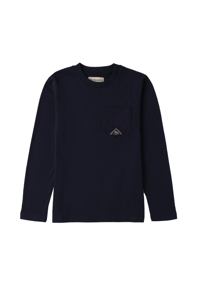 T-shirt a maniche lunghe di colore blu navy, realizzato in cotone, con una tasca frontale e un'etichetta a forma triangolare. Tessuto liscio e scollatura a girocollo classica.