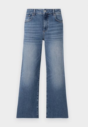 Lyseblå denim vid ben jeans med høy midje, som har frontlommer, knappeåpning og et falmet mønster på beina.