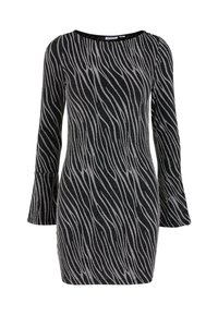 Robe noire à manches longues avec des rayures argentées de style zèbre et des poignets légèrement évasés, silhouette ajustée et col rond.