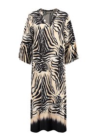 Vestido de longitud a la rodilla en tejido sedoso con un estampado de cebra en negro y beige, con escote en V y mangas acampanadas, y un dobladillo en degradado en negro.