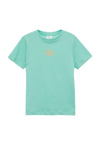 Mintgrünes Baumwoll-T-Shirt, kurze Ärmel, mit orangefarbenem gesticktem Text "SKATE THE HORIZON SILVER" auf der Brust. Weicher Stoff.