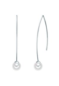 Orecchini a goccia in metallo argento con un design slanciato e curvo, e una grande perla bianca alla base, che evidenzia una texture liscia e lucente.