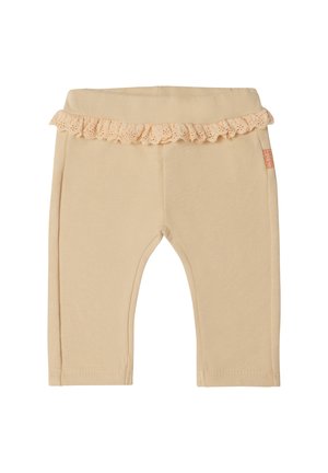 Beige Baumwoll-Leggings mit einem gerafften Spitzenbund, schlanker Schnitt und geraden Beinen. Inklusive eines kleinen Markenschilder auf der Seite.