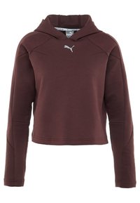 Burgunderfarbener Pullover-Hoodie mit flacher Kapuze, langen Ärmeln, gerippten Akzenten an den Ärmeln und einem kleinen Logo auf der Brust. Weicher Stoff. 