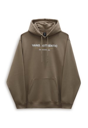 Brązowa bluza z kapturem z przednią kieszenią i białym napisem „VANS AUTHENTIC ORIGINAL BRAND” nad kraciastym paskiem na piersi.