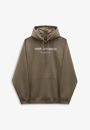 Sweat à capuche marron avec poche avant et texte blanc "VANS AUTHENTIC ORIGINAL BRAND" au-dessus d'une bande à carreaux traversant la poitrine.