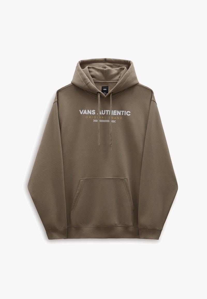 Sweat à capuche marron avec poche avant et texte blanc "VANS AUTHENTIC ORIGINAL BRAND" au-dessus d'une bande à carreaux traversant la poitrine.