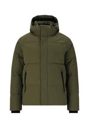 Olivengrüne gepolsterte Jacke mit hohem Kragen und angebauter Kapuze. Verfügt über zwei seitliche Reißverschlusstaschen und elastische Bündchen. Glatte, matte Oberfläche.