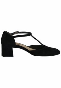 Chaussure à talon en daim noir avec un bout arrondi, un design à brides en T et un talon bloc de hauteur moyenne pour la stabilité et le confort.