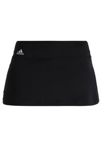 Falda corta deportiva negra hecha de tela elástica. Presenta una cinturilla elástica y un logo bordado en la cadera izquierda. Textura suave y ligera.