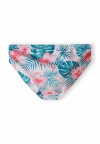Uimabikini aluspüksid valge põhja ja troopilise mustriga, kus on roosa hibiskus ja türkiissinised lehed, valmistatud siledast ja venivast materjalist.