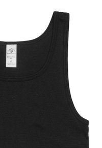 Black cotton tank top with a crew neck, featuring a flat lock seam and a care label stating "BIO COTTON" and size 6/L.