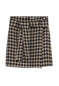 Gonna mini in tessuto intrecciato con un motivo a zigzag nero e beige, con cintura legata e texture liscia.