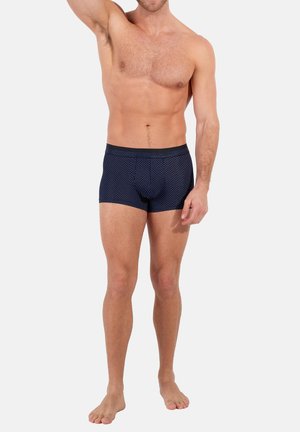 Marineblaue Boxershorts mit einem Punktenmuster, aus weichem Stoff gefertigt. Verfügt über einen elastischen Bund und eine enge Passform, ideal für den täglichen Gebrauch.