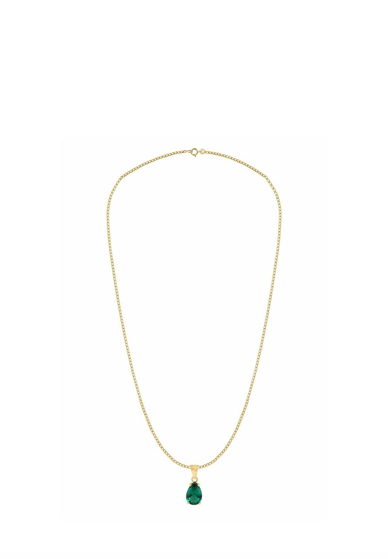 Collar de cadena dorada con un colgante de piedra preciosa verde en forma de pera, con una cadena texturizada y un detalle de cierre sencillo.