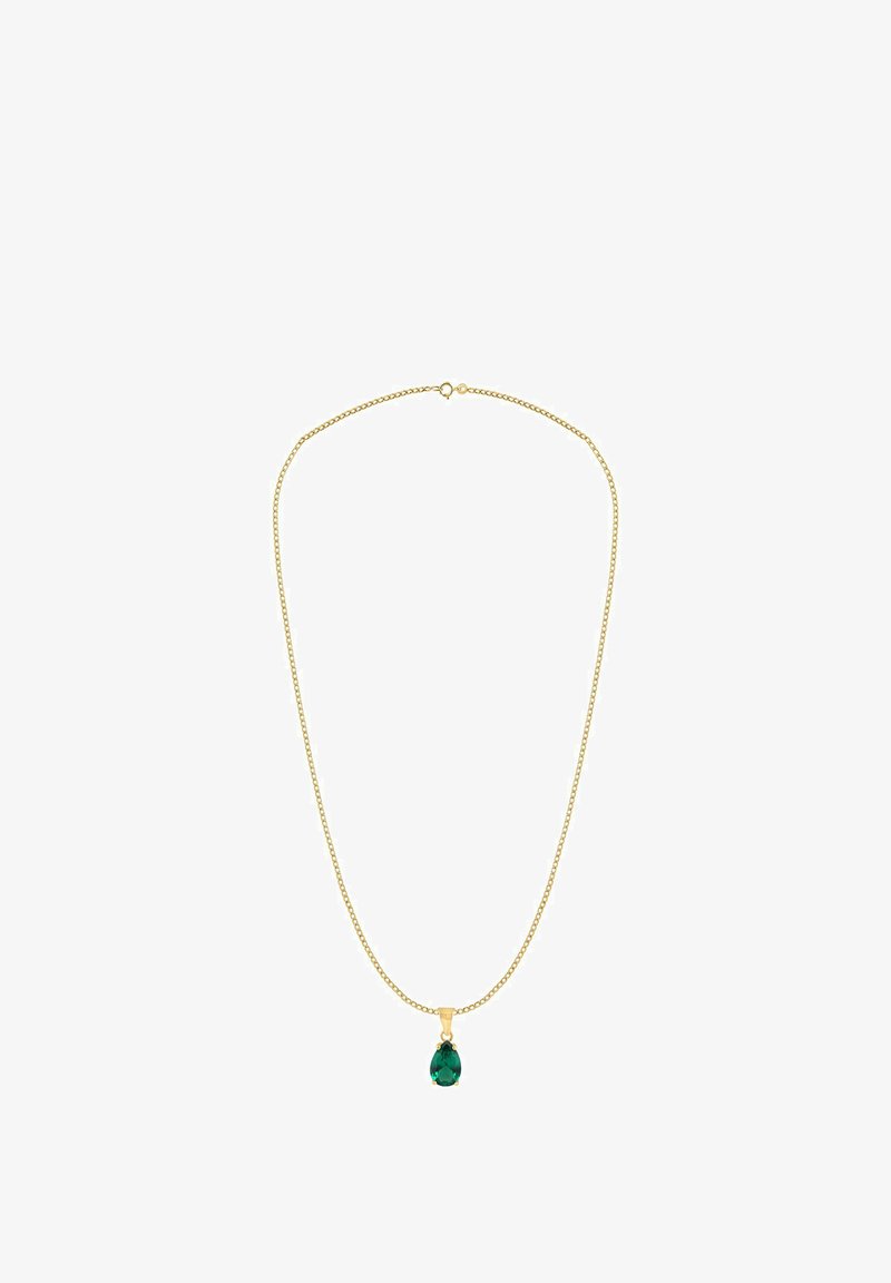 Collar de cadena dorada con un colgante de piedra preciosa verde en forma de pera, con una cadena texturizada y un detalle de cierre sencillo.
