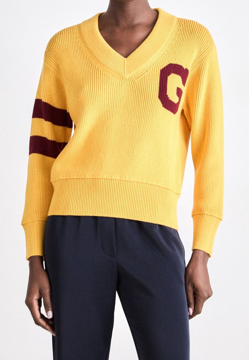 Personne portant un pull à col en V jaune avec des rayures bordeaux sur la manche gauche et un "G" bordeaux sur la poitrine, associé à un pantalon foncé.