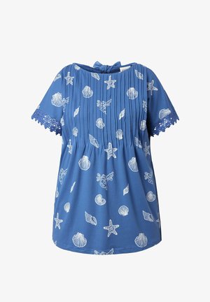 Modrá blůza s krátkými rukávy s bílými motivy moře, předními záhyby, krajkovými okraji rukávů a zavazováním vzadu u výstřihu.