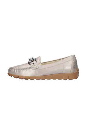 Metallic light gold loafers with stitched detailing, decorative silver hardware, and a textured brown sole for grip and flexibility.