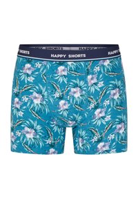 Turquoise boxershorts met een bloemmotief in paarse, witte en groene accenten. Elastische tailleband met "HAPPY SHORTS" branding.