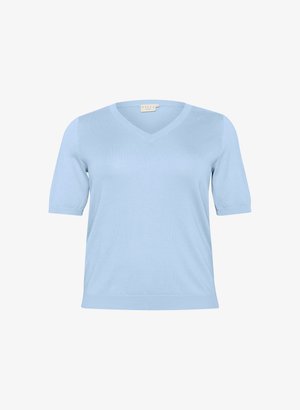 Light blue V-neck sweater with short, slightly puffed sleeves. Made of soft, lightweight knit fabric. Simple, classic design with no patterns.