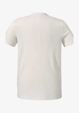 Weißes Baumwoll-T-Shirt mit rundem Ausschnitt und kurzen Ärmel. Glatte Textur ohne sichtbare Logos oder Muster, mit geradem Saum.