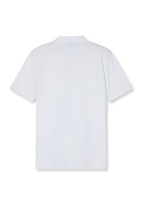 Weißes Polohemd mit klassischem Kragen, kurzen Ärmeln und glatter Textur. Einfaches und neutrales Design ohne Muster oder Akzente.