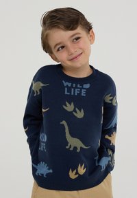 Maglione navy con motivi di dinosauri e impronte nei colori beige, verde e blu. Collo a coste e maniche lunghe. Texture morbida in maglia.