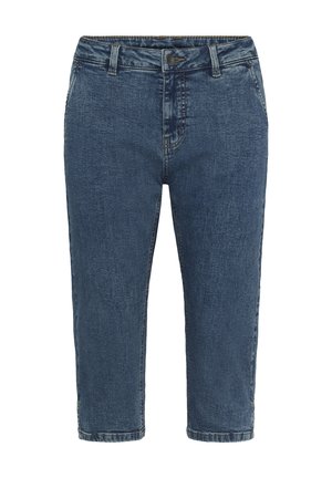 Sinised denimmaterjalist lühendatud teksad ees oleva nupu, tõmbluku, vöökõrte ja küljetaskutega, kujutatud valgel taustal.