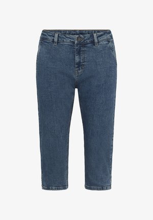 Sinised denimmaterjalist lühendatud teksad ees oleva nupu, tõmbluku, vöökõrte ja küljetaskutega, kujutatud valgel taustal.