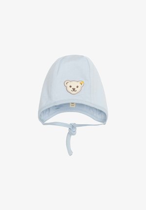 Bonnet in cotone azzurro chiaro con forma rotonda. Presenta un viso di orso ricamato sul fronte e lacci al collo per una chiusura sicura.