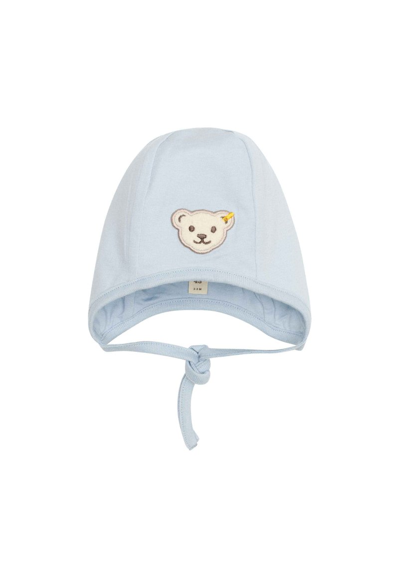 Bonnet in cotone azzurro chiaro con forma rotonda. Presenta un viso di orso ricamato sul fronte e lacci al collo per una chiusura sicura.
