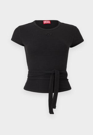 Must rihmkätisega musta värvi soonikust topp vöökohal paelaga ja ümmarguse kaelusega, millel on väike logoplaat ning punane Diesel brändisilt krae sees.