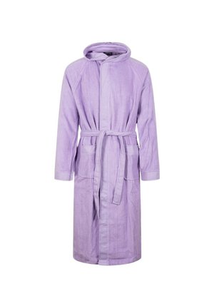 Accappatoio lungo lavanda con cappuccio, tasche frontali, maniche lunghe e cintura da annodare in vita su sfondo bianco.