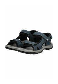 Herren Sandalen aus dunkelblauem Synthetikmaterial mit verstellbaren Riemen, offener Zehenbereich, gepolsterte Innensohle und strukturierter Gummisohle.