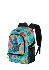 Sac à dos coloré en turquoise avec des motifs tropicaux, mettant en avant un personnage de dessin animé jouant de la guitare. Comprend une poche latérale en maille et des bretelles rembourrées.