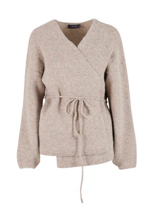 Maglione avvolgente beige realizzato in morbido materiale strutturato. Presenta maniche lunghe, una vita con fiocco e un colletto a V.