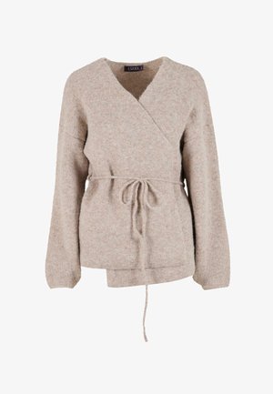 Maglione avvolgente beige realizzato in morbido materiale strutturato. Presenta maniche lunghe, una vita con fiocco e un colletto a V.