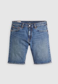 Short en denim bleu avec bouton devant, fermeture éclair et design à cinq poches, présenté sur un fond clair.