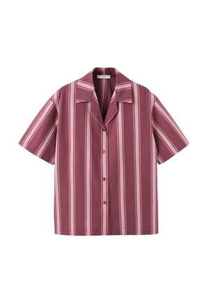 Cămașă cu mâneci scurte, cu nasturi, cu dungi verticale în nuanțe de burgundy, roz și alb, având un guler de tip camp.
