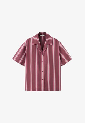 Chemise à manches courtes avec boutons et rayures verticales dans des tons de bordeaux, rose et blanc, dotée d'un col campagnard.