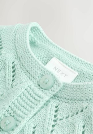 Svetlo zelena pletena jopica z vzorcem, dvema metinima gumboma in oznako z napisom "NEXT."